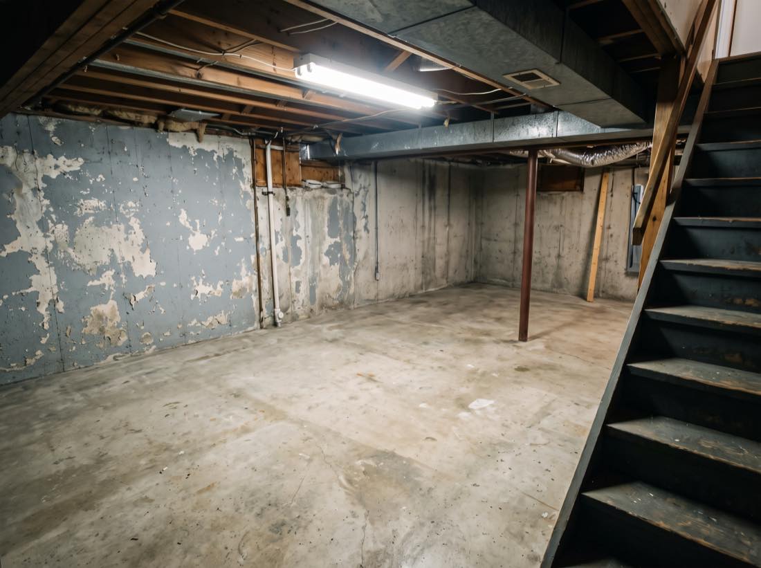 The same basement emptied and swept clean