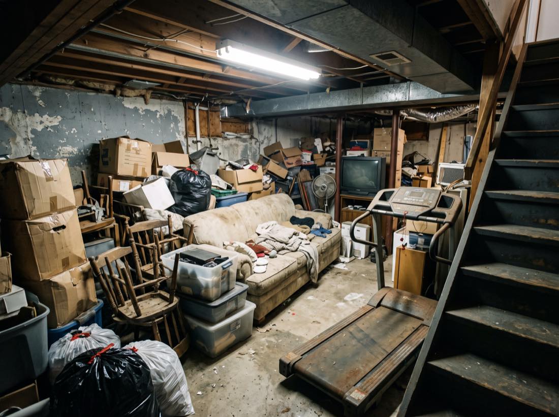Basement packed with boxes, an old sofa, a treadmill and bags of junk