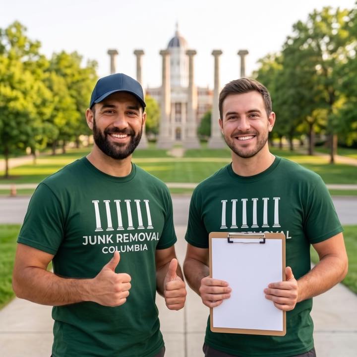 Two junk removal workers smiling, one giving a thumbs up and one holding a clipboard