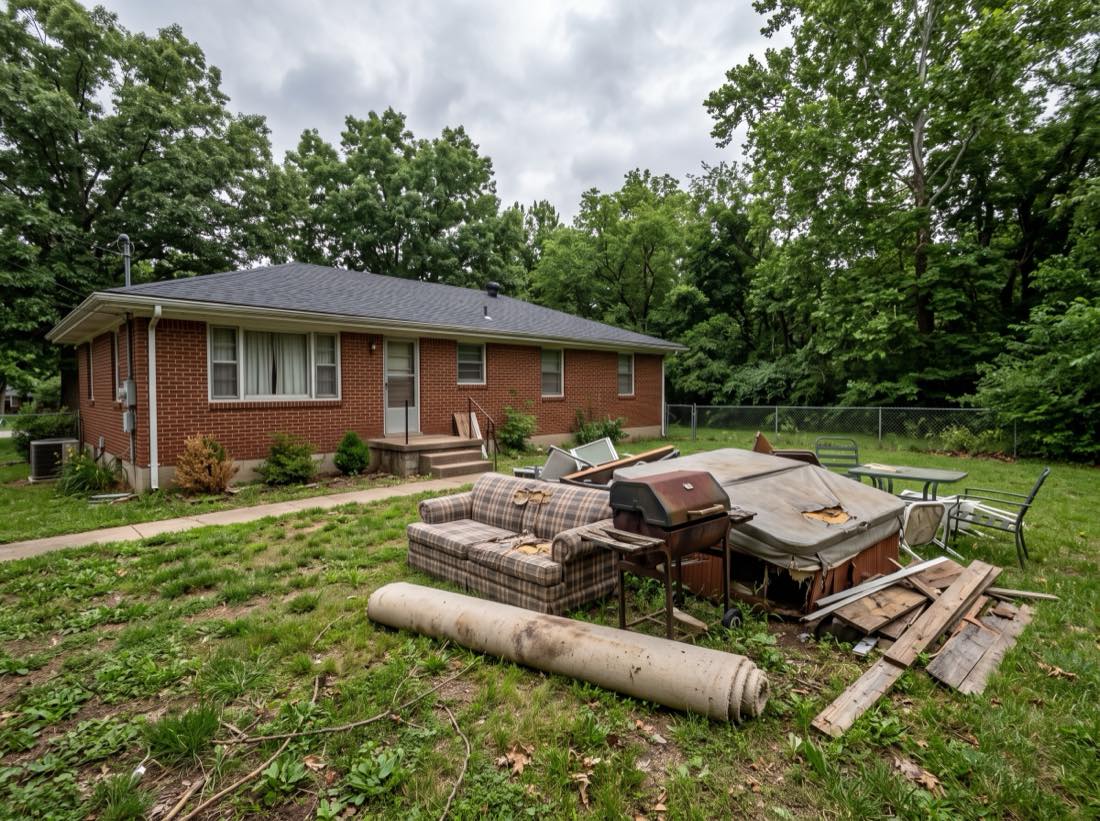 Backyard with an old couch, grill, hot tub and scrap wood piled on the grass